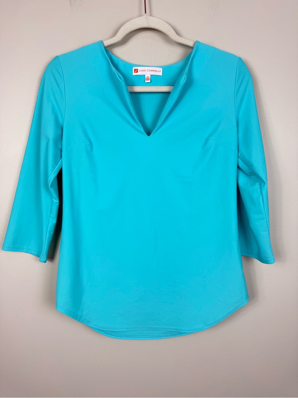 Jude Connally Teal Blue Top Womens XS V-Neck 3/4 Sleeve Stretch Preppy Summer